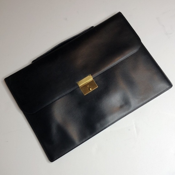 Mark Cross Black Leather Folio Briefcase with Gold Hardware - Picture 1 of 11